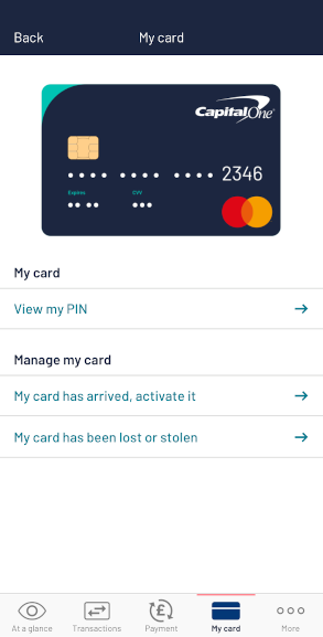 A screen showing the My Card Page from the mobile app